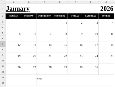 January 2026 calendar spreadsheet and docs calendar