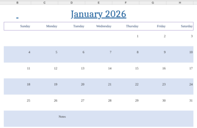 January 2026 excel and word calendar