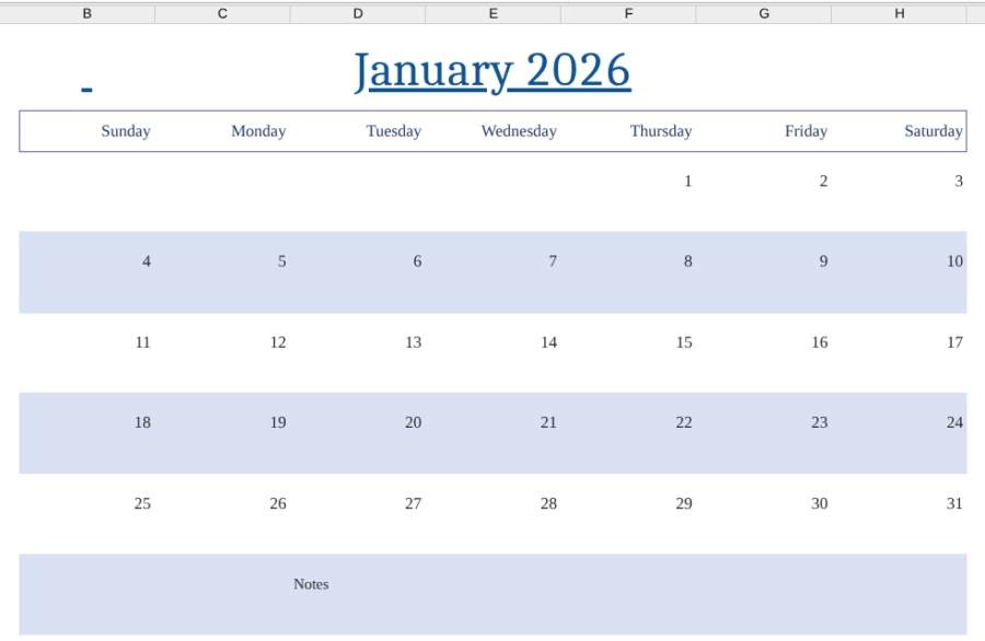 January 2026 Calendar Excel and Word Editable Templates