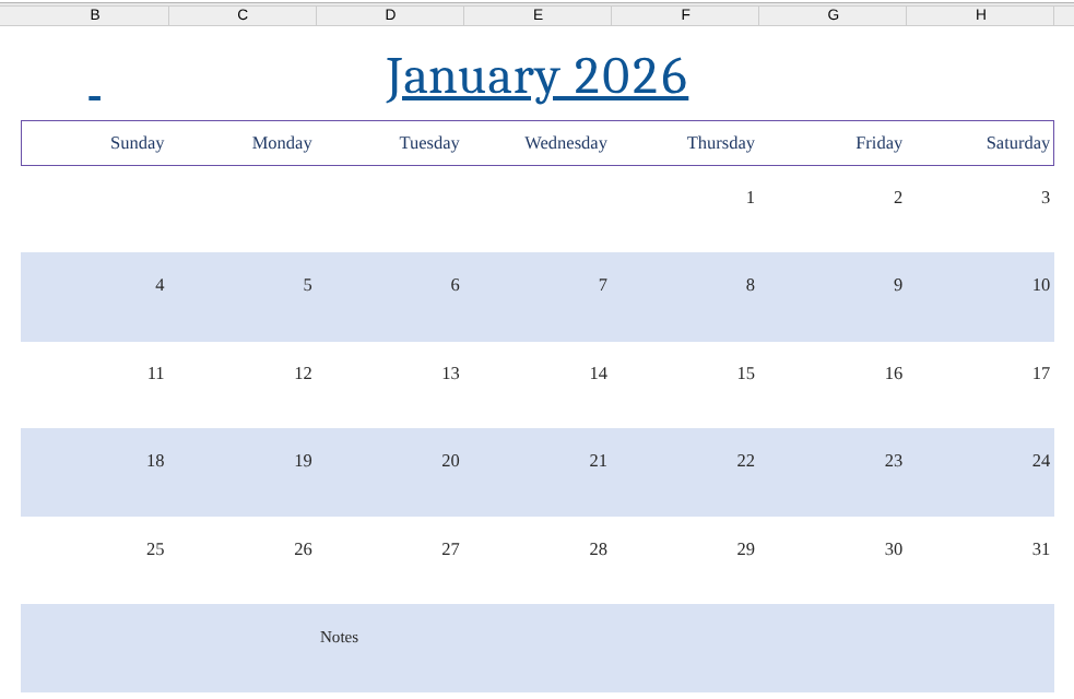 January 2026 Calendar Excel and Word Editable Templates