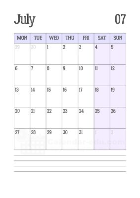 july 2026 calendar with notes