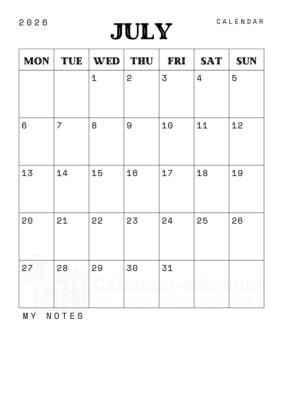 july blank calendar 2026