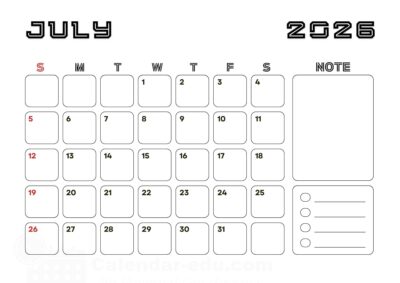july printable calendar 2026