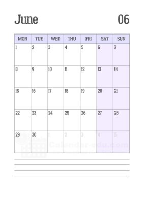 june 2026 calendar with notes