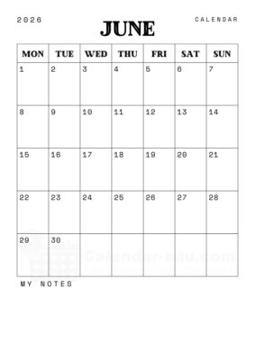 june blank calendar 2026