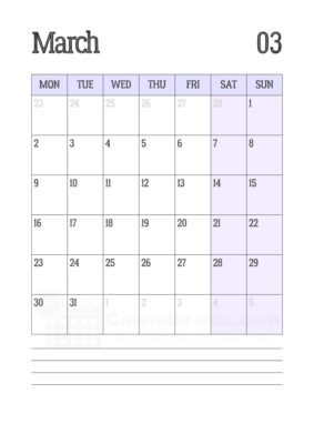 march 2026 calendar with notes