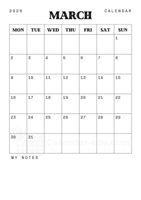 march blank calendar 2026