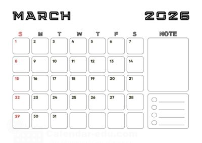 march printable calendar 2026