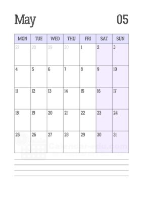 may 2026 calendar with notes